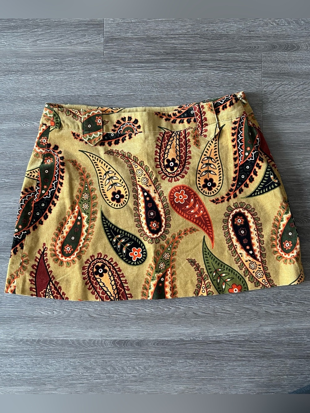 Zara Paisley Skirt - Size M - Olive, Rust, Black, Tan. Cotton Corduroy Mini